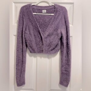Aritzia Sunday Best Reese Cardigan Fluffy V-Neck Cropped Sweater Purple Size XL